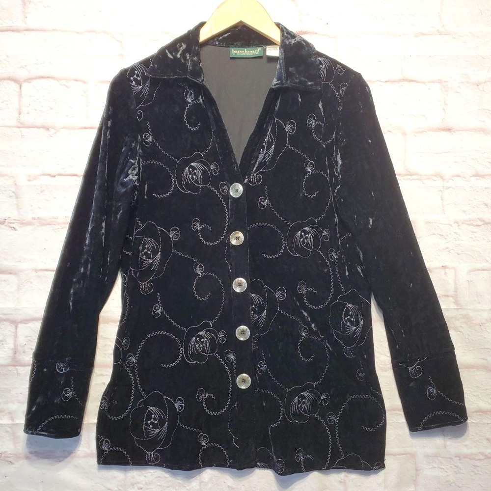 Harve Benard Jacket Womens Small Black Velvet Burnout Floral Embroidered VTG Y2K